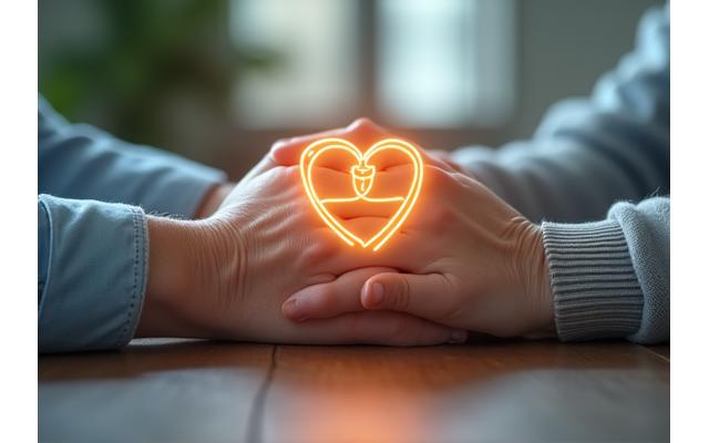Manos de una pareja mayor entrelazadas con una ilustración de un estetoscopio y un corazón, simbolizando cuidado de la salud y seguridad financiera.